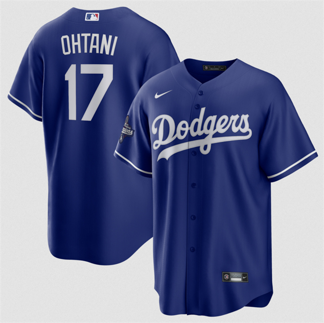 Men's Blue Los Angeles Dodgers #17 Shohei Ohtani 2025 World Series Champions Patch Cool Base Stitched Baseball Jersey